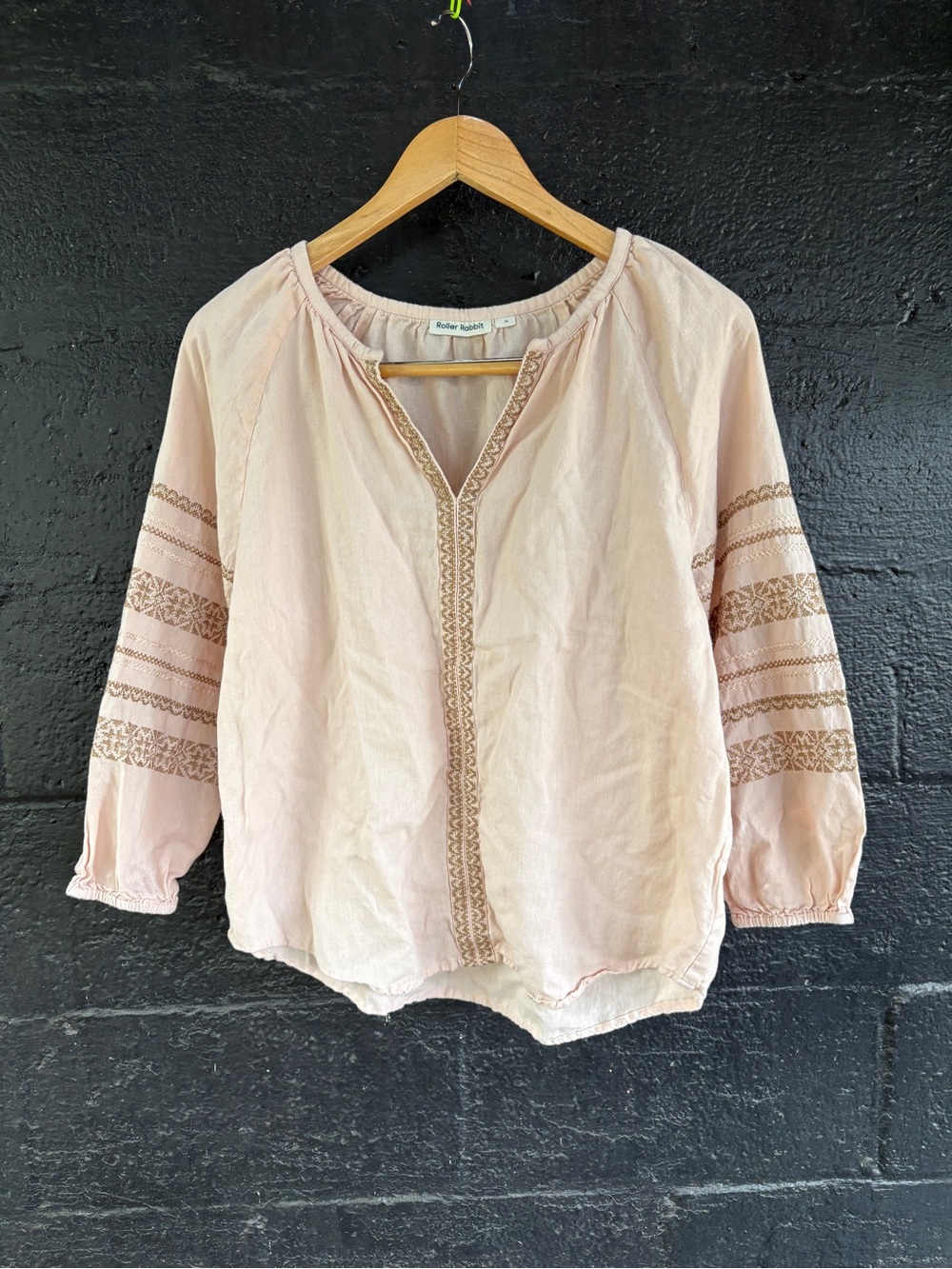 Roller Rabbit Pale Pink Embroidered V Neck Peasant Blouse